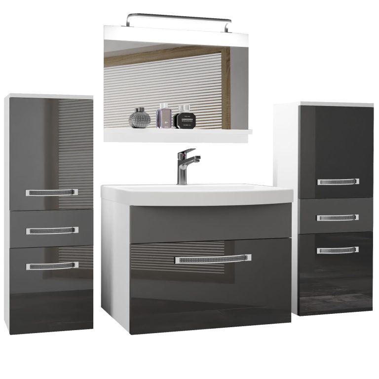 Fürdőszoba bútor Belini Premium Full Version szurke fényű / szurke matt + mosogató + tükör + LED világítás GLA PM 4/0/W/SSR/0/MB/PP
