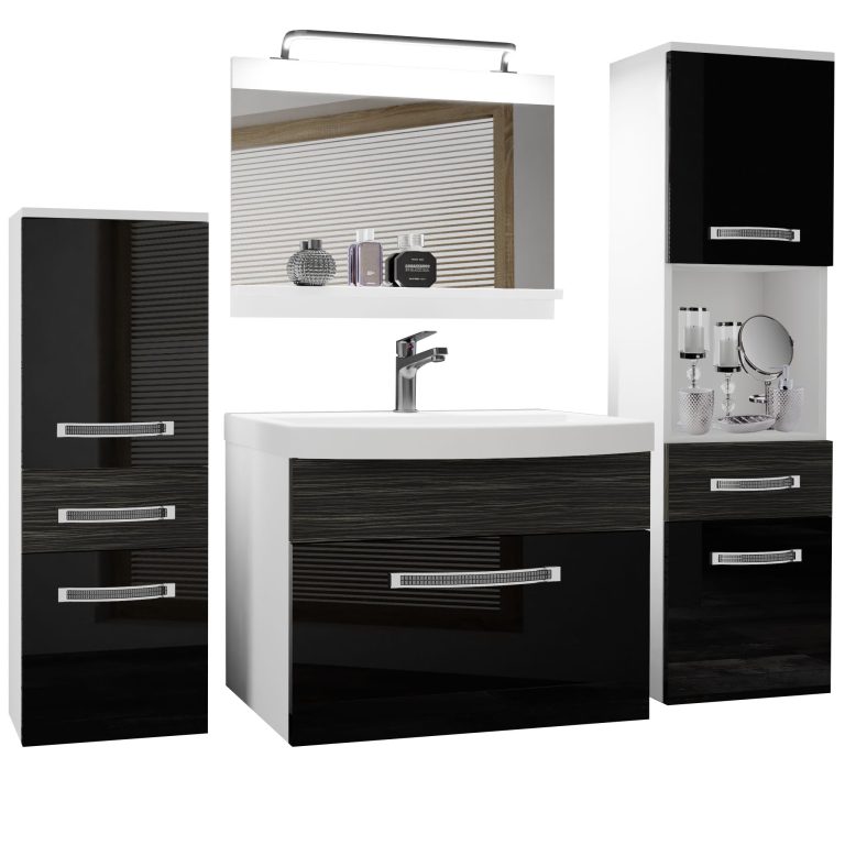 Fürdőszoba bútor Belini Premium Full Version fekete fényű / ebénfa + mosogató + tükör + LED világítás GLA PM 5/0/W/BHK/0/MB/PP