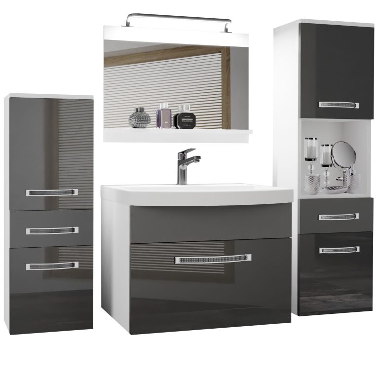 Fürdőszoba bútor Belini Premium Full Version szürke fényű / szurke matt + mosogató + tükör + LED világítás GLA PM 5/0/W/SSR/0/MB/PP
