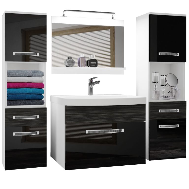 Fürdőszoba bútor Belini Premium Full Version fekete fényű / ebénfa + mosogató + tükör + LED világítás GLA PM 6/0/W/BHK/0/MB/PP