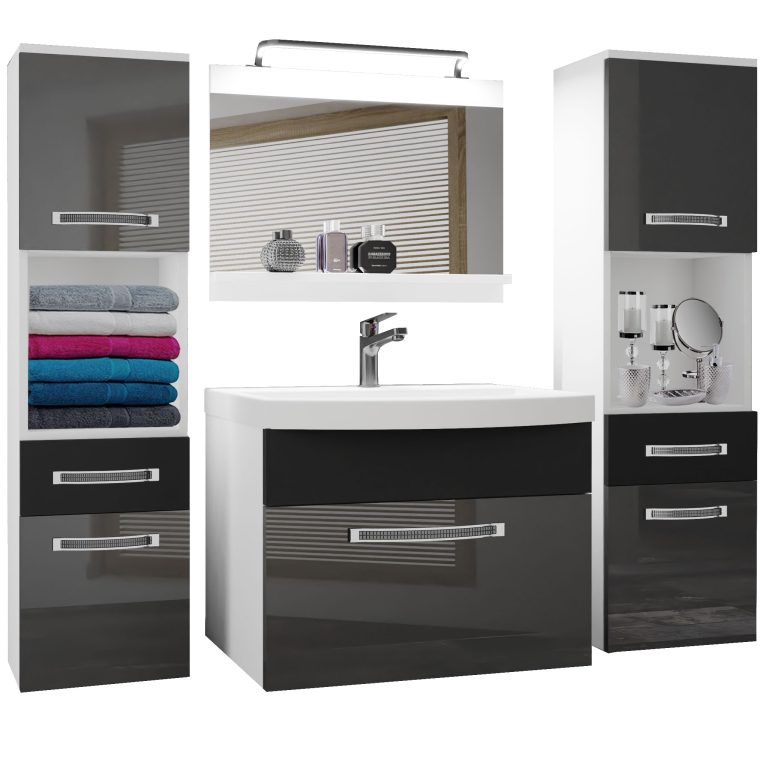 Fürdőszoba bútor Belini Premium Full Version szurke fényű / fekete matt + mosogató + tükör + LED világítás GLA PM 6/0/W/SB/0/MB/PP
