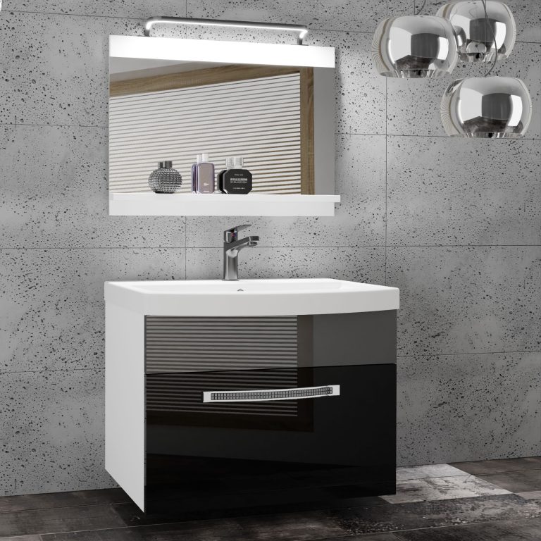 Fürdőszoba bútor Belini Premium Full Version szurke fényű / fekete fényű + mosogató + tükör + LED világítás GLA P 1/0/W/BS/0/MB/PP