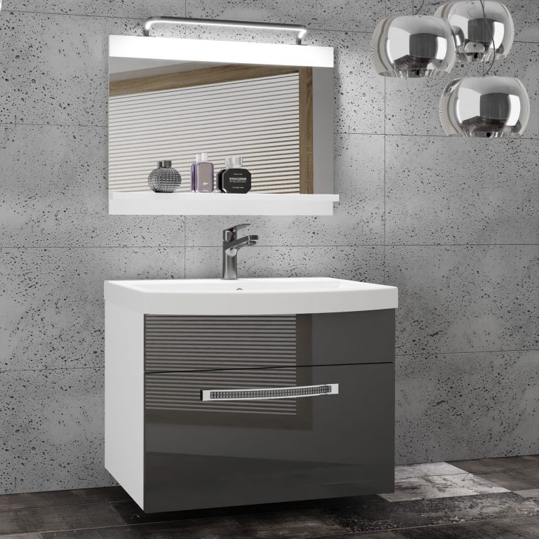 Fürdőszoba bútor Belini Premium Full Version szürke fényű + mosogató + tükör + LED világítás GLA P 1/0/W/S/0/MB/PP