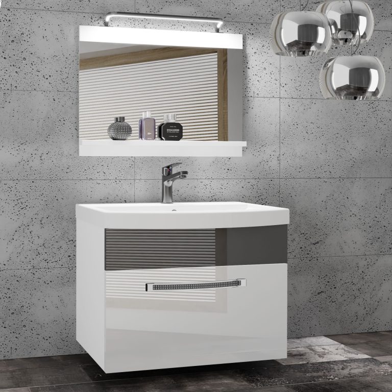 Fürdőszoba bútor Belini Premium Full Version fehér fényű / szürke  fényű + mosogató + tükör + LED világítás GLA P 1/0/W/WS/0/MB/PP