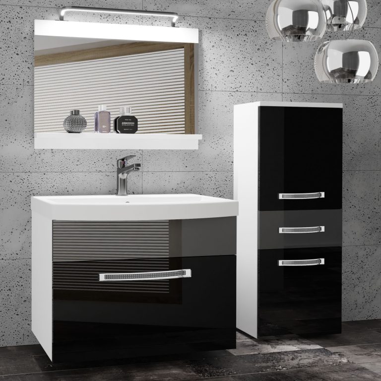 Fürdőszoba bútor Belini Premium Full Version szurke fényű / fekete fényű + mosogató + tükör + LED világítás GLA P 2/0/W/BS/0/MB/PP
