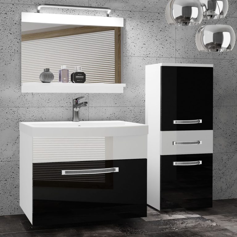 Fürdőszoba bútor Belini Premium Full Version fehér fényű / fekete fényű + mosogató + tükör + LED világítás GLA P 2/0/W/BW/0/MB/PP