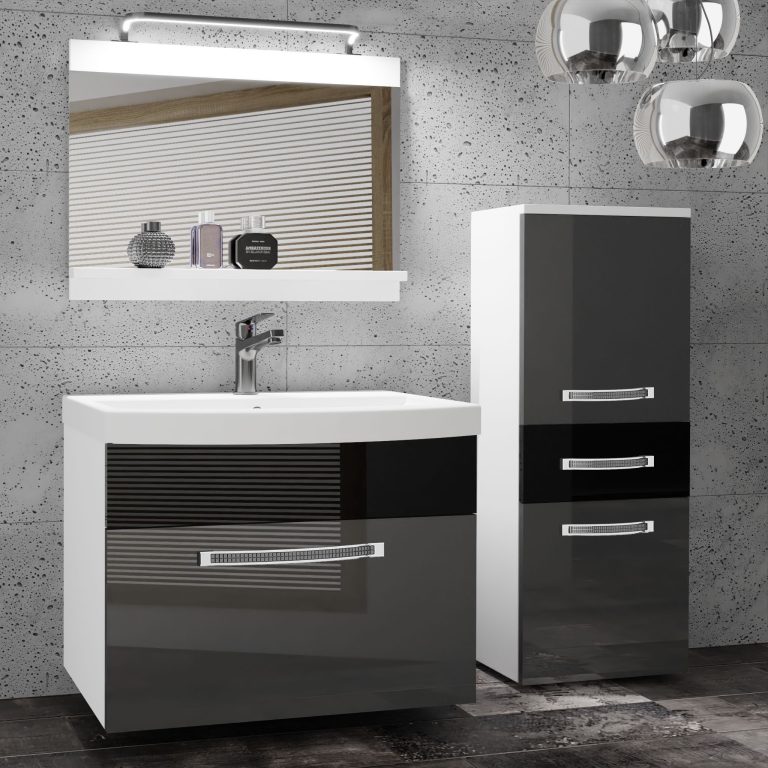 Fürdőszoba bútor Belini Premium Full Version szurke fényű / fekete fényű + mosogató + tükör + LED világítás GLA P 2/0/W/SB/0/MB/PP