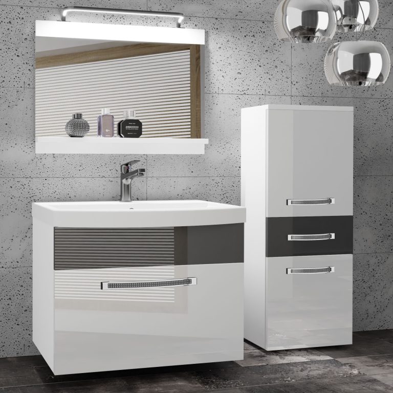 Fürdőszoba bútor Belini Premium Full Version fehér fényű / szürke  fényű + mosogató + tükör + LED világítás GLA P 2/0/W/WS/0/MB/PP