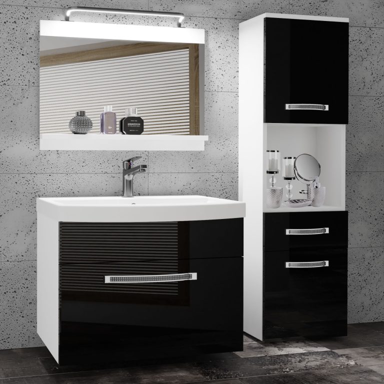 Fürdőszoba bútor Belini Premium Full Version fekete fényű + mosogató + tükör + LED világítás GLA P 3/0/W/B/0/MB/PP