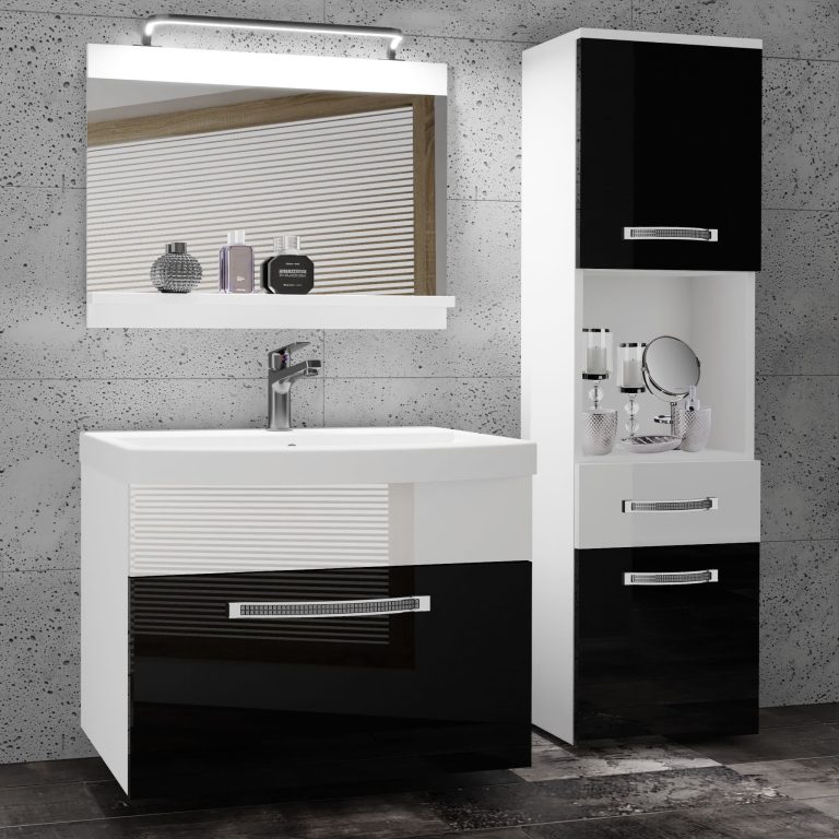 Fürdőszoba bútor Belini Premium Full Version fehér fényű / fekete fényű + mosogató + tükör + LED világítás GLA P 3/0/W/BW/0/MB/PP