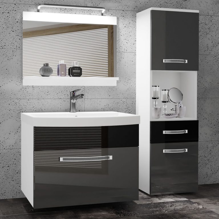 Fürdőszoba bútor Belini Premium Full Version szurke fényű / fekete fényű + mosogató + tükör + LED világítás GLA P 3/0/W/SB/0/MB/PP
