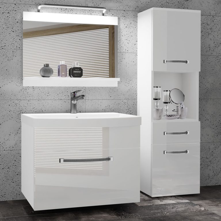 Fürdőszoba bútor Belini Premium Full Version fehér fényű + mosogató + tükör + LED világítás GLA P 3/0/W/W/0/MB/PP
