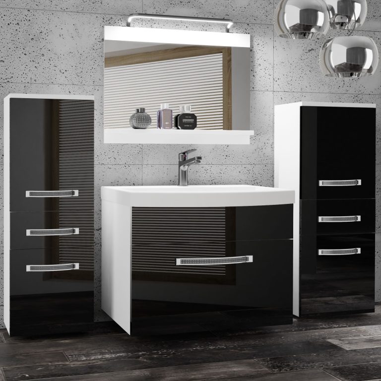 Fürdőszoba bútor Belini Premium Full Version fekete fényű + mosogató + tükör + LED világítás GLA P 4/0/W/B/0/MB/PP