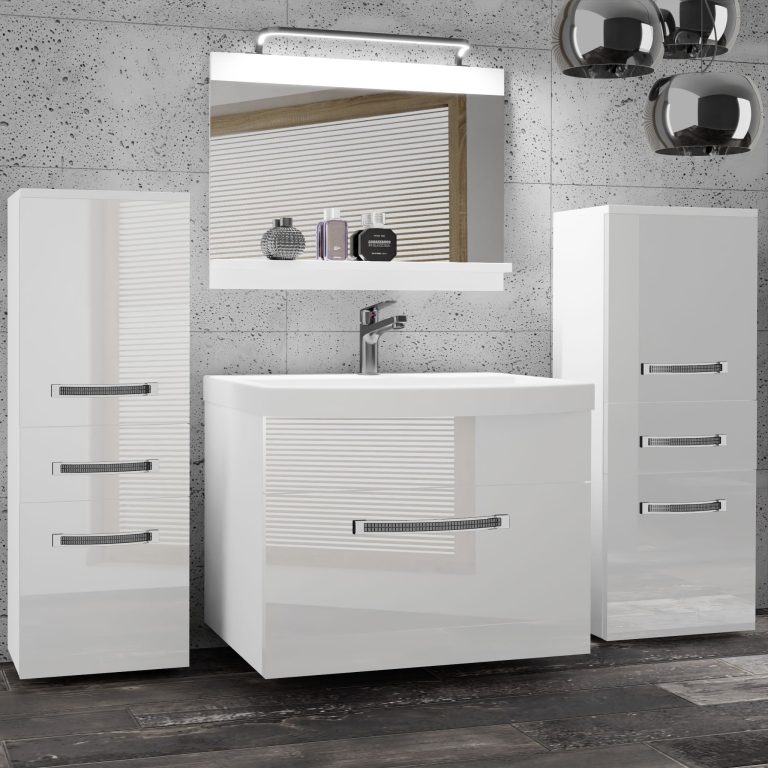 Fürdőszoba bútor Belini Premium Full Version fehér fényű + mosogató + tükör + LED világítás GLA P 4/0/W/W/0/MB/PP
