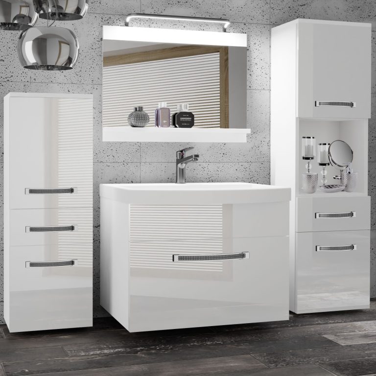 Fürdőszoba bútor Belini Premium Full Version fehér fényű + mosogató + tükör + LED világítás GLA P 5/0/W/W/0/MB/PP
