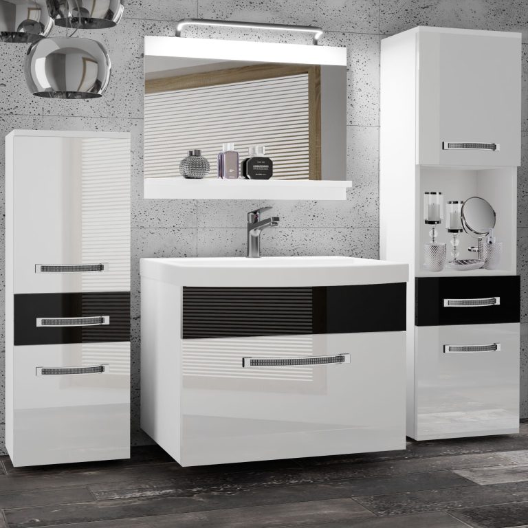 Fürdőszoba bútor Belini Premium Full Version fehér fényű / fekete fényű + mosogató + tükör + LED világítás GLA P 5/0/W/WB/0/MB/PP
