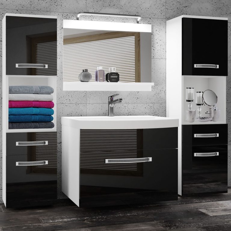 Fürdőszoba bútor Belini Premium Full Version fekete fényű + mosogató + tükör + LED világítás GLA P 6/0/W/B/0/MB/PP
