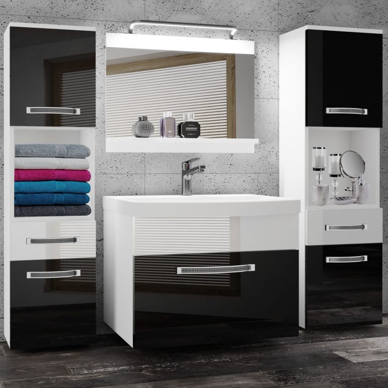 Fürdőszoba bútor Belini Premium Full Version fehér fényű / fekete fényű + mosogató + tükör + LED világítás GLA P 6/0/W/BW/0/MB/PP