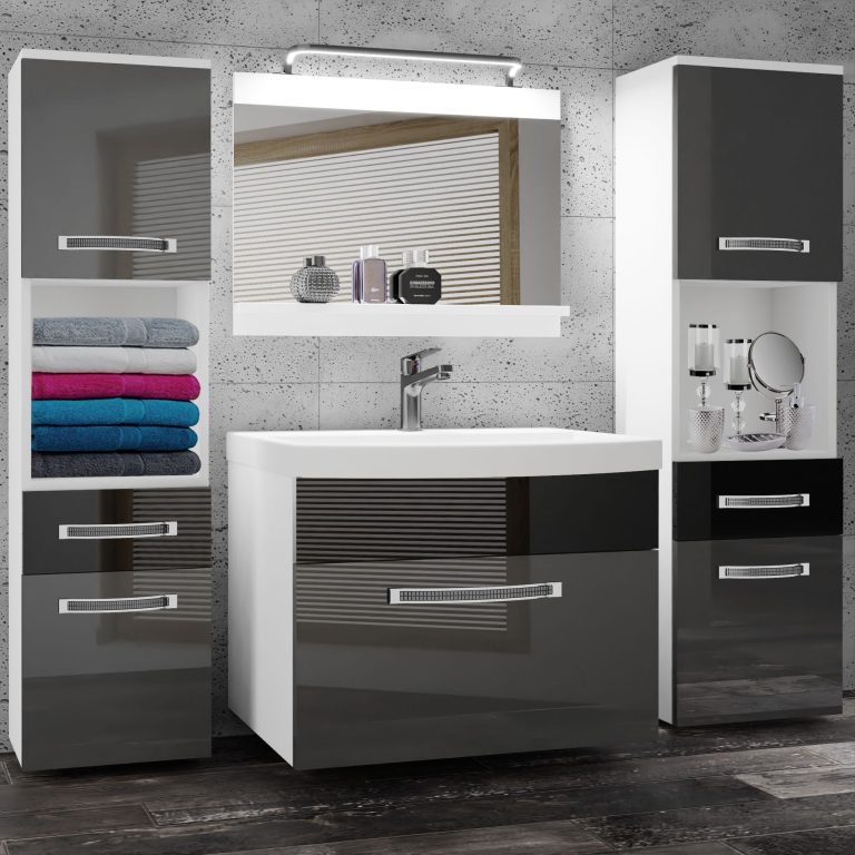 Fürdőszoba bútor Belini Premium Full Version szurke fényű / fekete fényű + mosogató + tükör + LED világítás GLA P 6/0/W/SB/0/MB/PP