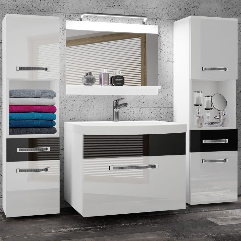 Fürdőszoba bútor Belini Premium Full Version fehér fényű / fekete fényű + mosogató + tükör + LED világítás GLA P 6/0/W/WB/0/MB/PP