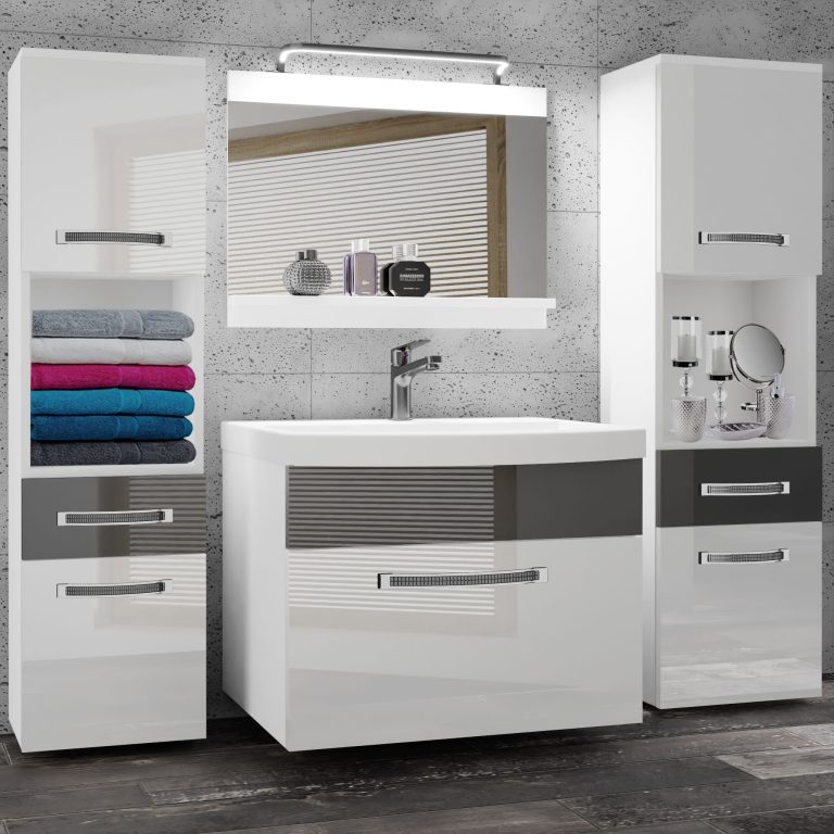 Fürdőszoba bútor Belini Premium Full Version fehér fényű / szürke  fényű + mosogató + tükör + LED világítás GLA P 6/0/W/WS/0/MB/PP
