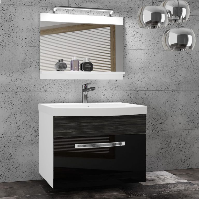Fürdőszoba bútor Belini Premium Full Version fekete fényű / tolgy wotan + mosogató + tükör + LED világítás GLA PM 1/0/W/BHK/0/MB/PP