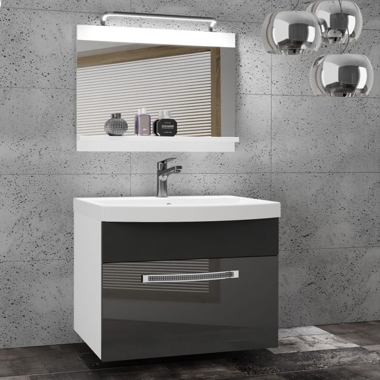 Fürdőszoba bútor Belini Premium Full Version szürke fényű / fekete matt + mosogató + tükör + LED világítás GLA PM 1/0/W/SB/0/MB/PP