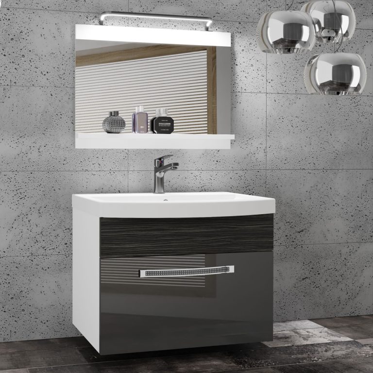 Fürdőszoba bútor Belini Premium Full Version szürke fényű / ebénfa + mosogató + tükör + LED világítás GLA PM 1/0/W/SHK/0/MB/PP