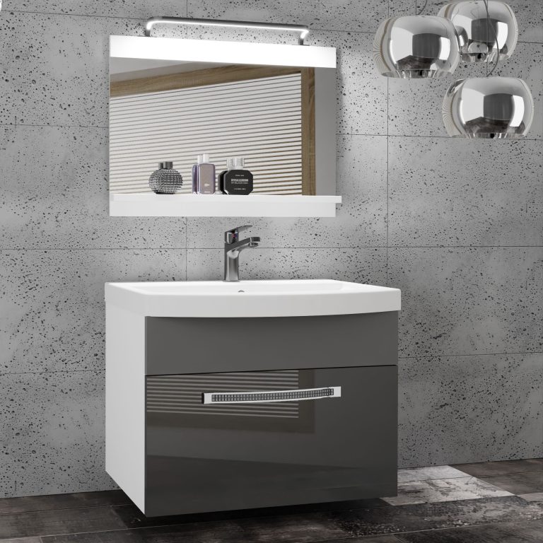 Fürdőszoba bútor Belini Premium Full Version szürke fényú / szurke matt + mosogató + tükör + LED világítás GLA PM 1/0/W/SSR/0/MB/PP