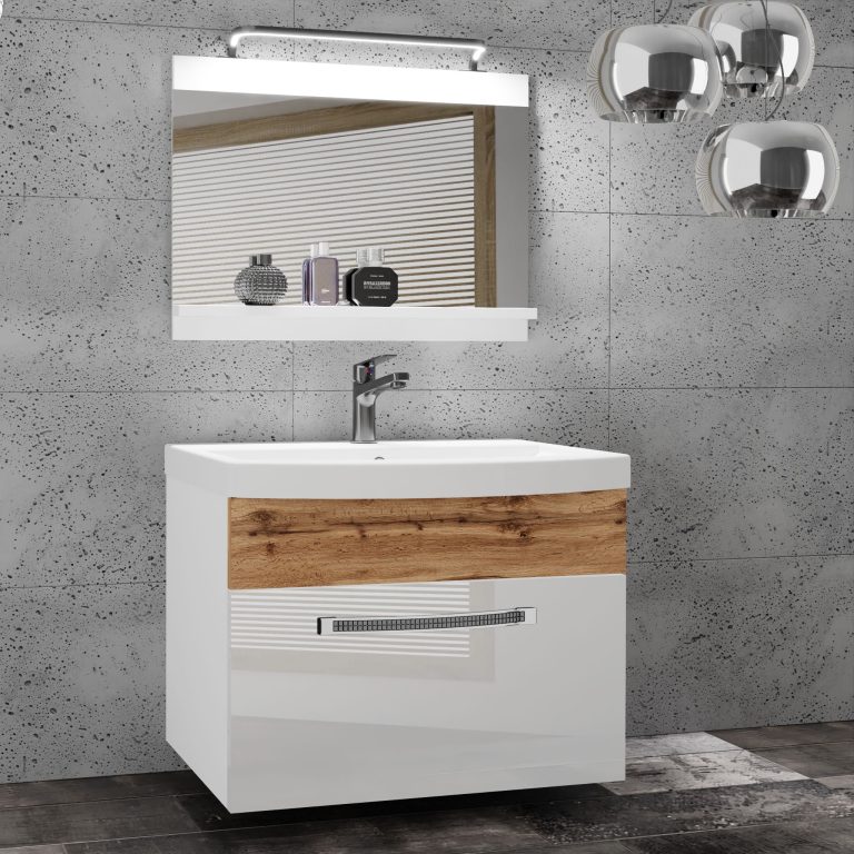 Fürdőszoba bútor Belini Premium Full Version fehér fényű / tolgy wotan + mosogató + tükör + LED világítás GLA PM 1/0/W/WDW/0/MB/PP

