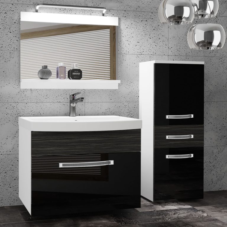 Fürdőszoba bútor Belini Premium Full Version fekete fényű / ebénfa + mosogató + tükör + LED világítás GLA PM 2/0/W/BHK/0/MB/PP