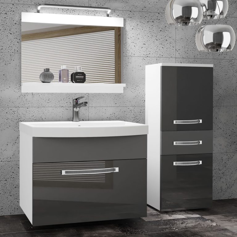 Fürdőszoba bútor Belini Premium Full Version szürke fényű / szurke matt + mosogató + tükör + LED világítás  GLA PM 2/0/W/SSR/0/MB/PP
