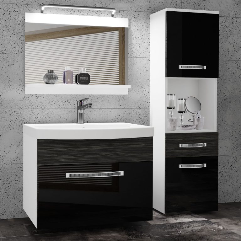 Fürdőszoba bútor Belini Premium Full Version fekete fényű / ebénfa + mosogató + tükör + LED világítás GLA PM 3/0/W/BHK/0/MB/PP