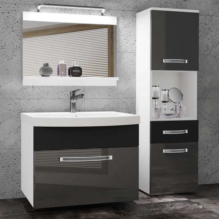Fürdőszoba bútor Belini Premium Full Version szurke fényű / fekete fényű + mosogató + tükör + LED világítás GLA PM 3/0/W/SB/0/MB/PP
