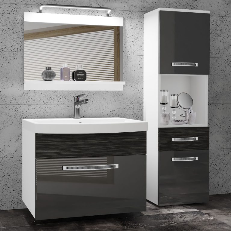 Fürdőszoba bútor Belini Premium Full Version szürke fényű / ebénfa + mosogató + tükör + LED világítás GLA PM 3/0/W/SHK/0/MB/PP
