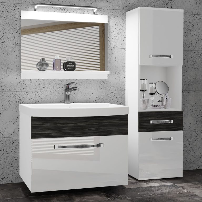 Fürdőszoba bútor Belini Premium Full Version fehér fényű / ebénfa + mosogató + tükör + LED világítás GLA PM 3/0/W/WHK/0/MB/PP
