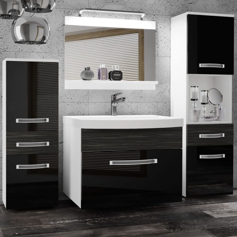 Fürdőszoba bútor Belini Premium Full Version fekete fényű / ebénfa + mosogató + tükör + LED világítás GLA PM 5/0/W/BHK/0/MB/PP