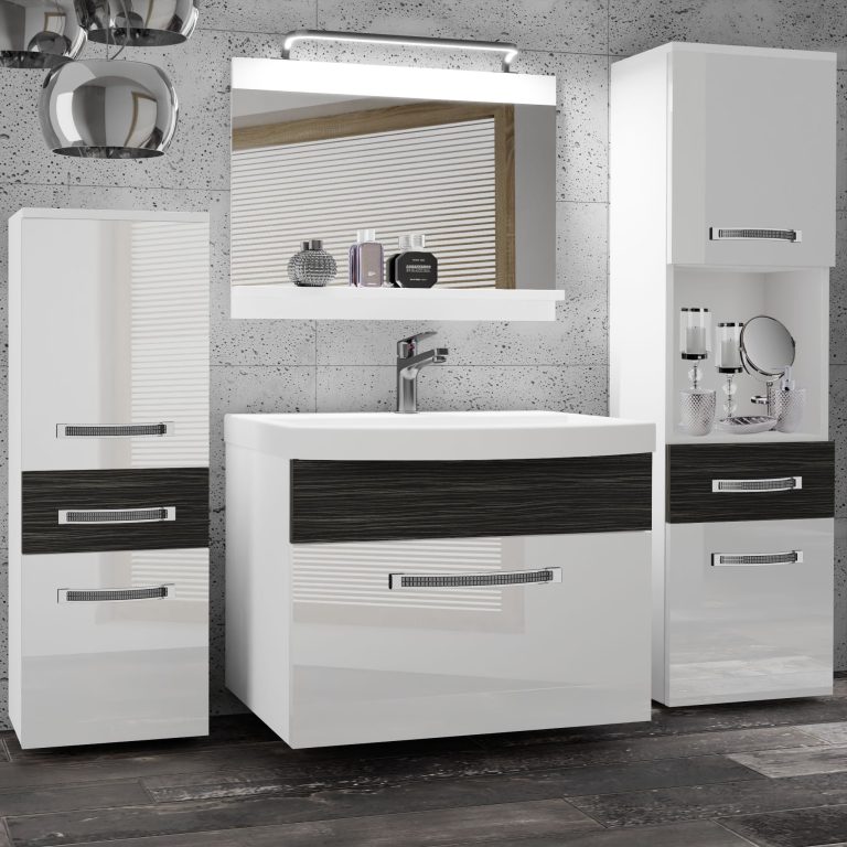 Fürdőszoba bútor Belini Premium Full Version fehér fényű / ebénfa + mosogató + tükör + LED világítás GLA PM 5/0/W/WHK/0/MB/PP