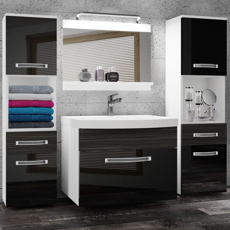 Fürdőszoba bútor Belini Premium Full Version fekete fényű / ebénfa + mosogató + tükör + LED világítás GLA PM 6/0/W/BHK/0/MB/PP