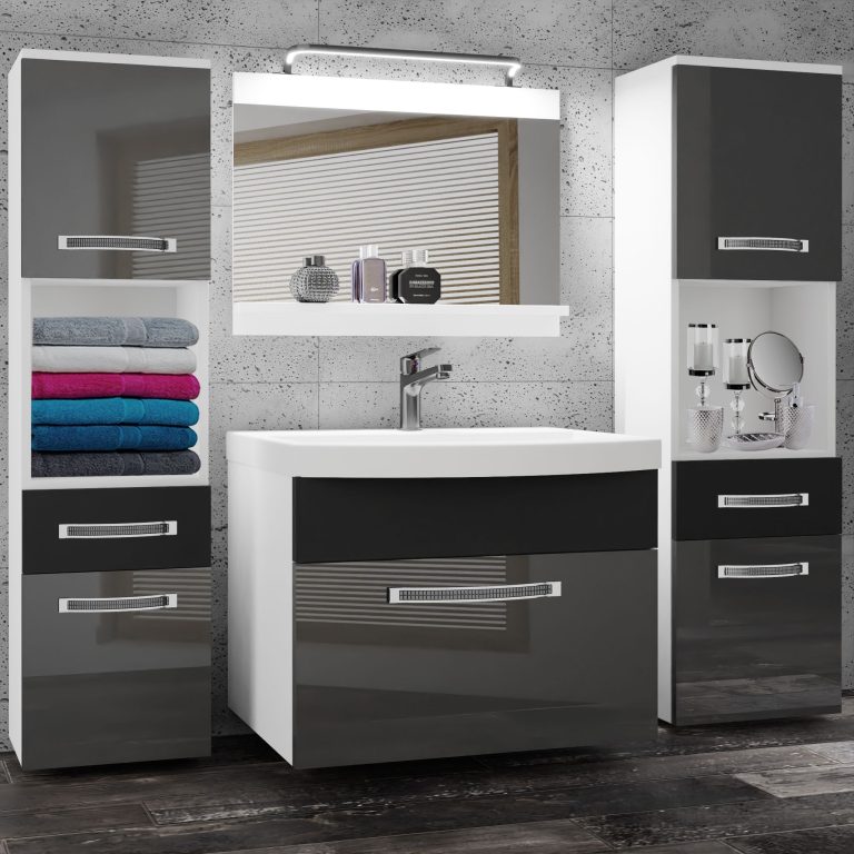 Fürdőszoba bútor Belini Premium Full Version szurke fényű / fekete matt + mosogató + tükör + LED világítás GLA PM 6/0/W/SB/0/MB/PP
