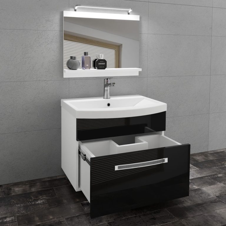 Fürdőszoba bútor Belini Premium Full Version fekete fényű + mosogató + tükör + LED világítás GLA P 1/0/W/B/0/MB/PP