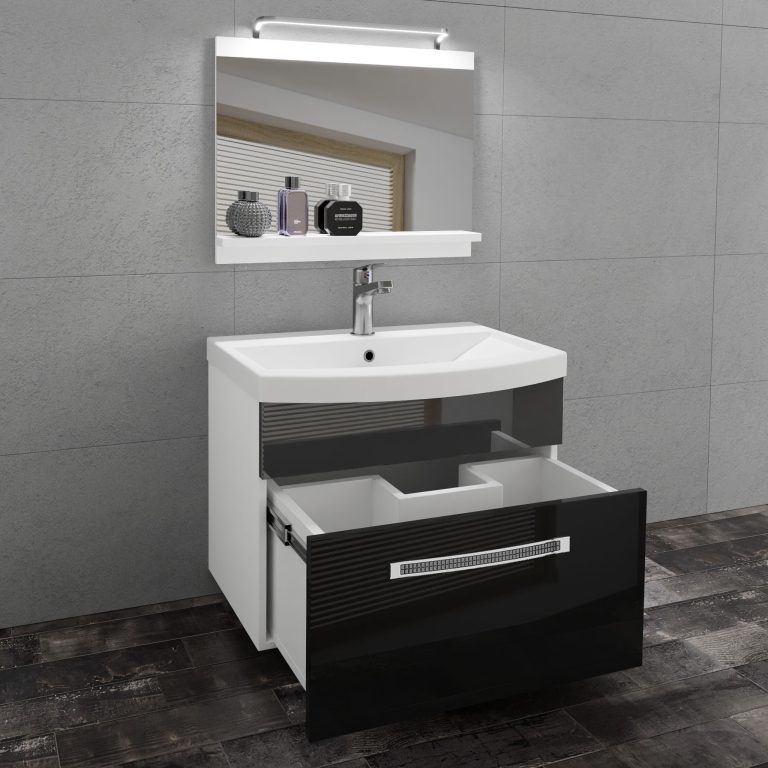 Fürdőszoba bútor Belini Premium Full Version szurke fényű / fekete fényű + mosogató + tükör + LED világítás GLA P 1/0/W/BS/0/MB/PP