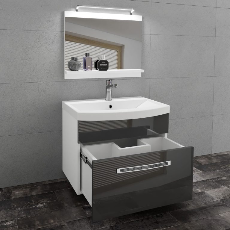 Fürdőszoba bútor Belini Premium Full Version szürke fényű + mosogató + tükör + LED világítás GLA P 1/0/W/S/0/MB/PP