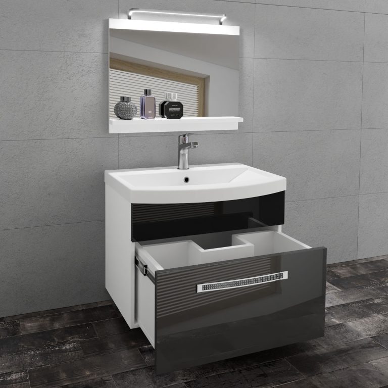 Fürdőszoba bútor Belini Premium Full Version szurke fényű / fekete fényű + mosogató + tükör + LED világítás GLA P 1/0/W/SB/0/MB/PP