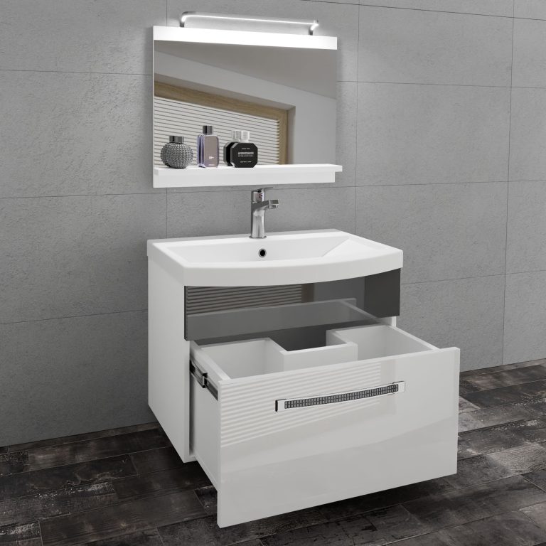 Fürdőszoba bútor Belini Premium Full Version fehér fényű / szürke  fényű + mosogató + tükör + LED világítás GLA P 1/0/W/WS/0/MB/PP
