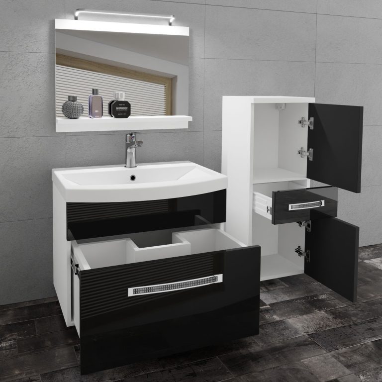 Fürdőszoba bútor Belini Premium Full Version fekete fényű + mosogató + tükör + LED világítás GLA P 2/0/W/B/0/MB/PP
