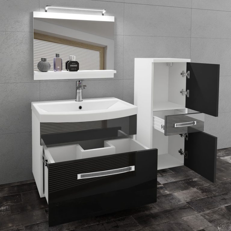 Fürdőszoba bútor Belini Premium Full Version szurke fényű / fekete fényű + mosogató + tükör + LED világítás GLA P 2/0/W/BS/0/MB/PP
