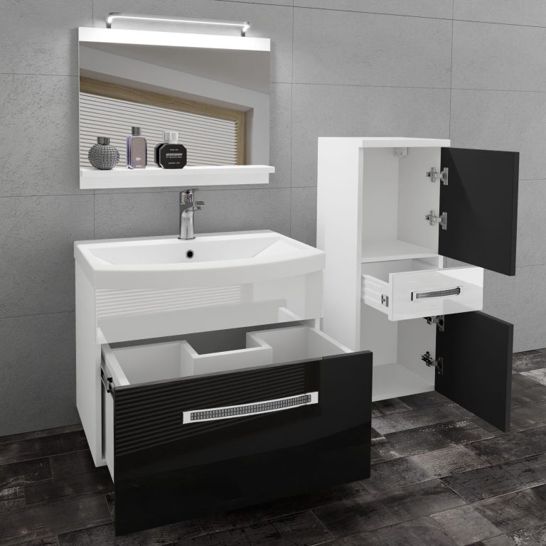 Fürdőszoba bútor Belini Premium Full Version fehér fényű / fekete fényű + mosogató + tükör + LED világítás GLA P 2/0/W/BW/0/MB/PP