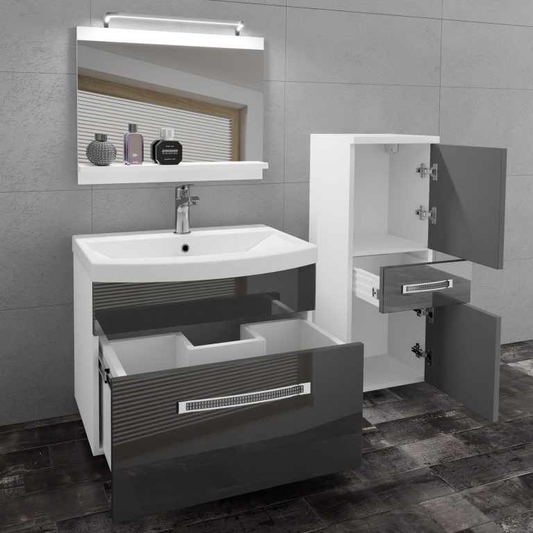 Fürdőszoba bútor Belini Premium Full Version szurke fényű + mosogató + tükör + LED világítás GLA P 2/0/W/S/0/MB/PP
