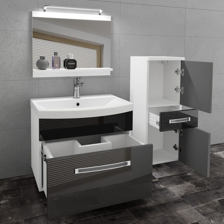 Fürdőszoba bútor Belini Premium Full Version szurke fényű / fekete fényű + mosogató + tükör + LED világítás GLA P 2/0/W/SB/0/MB/PP